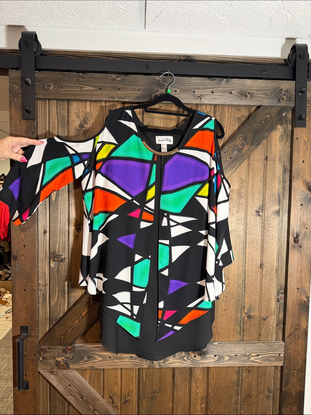 Joseph Ribkoff Black Multicolor Geometric Cold-Shoulder Top